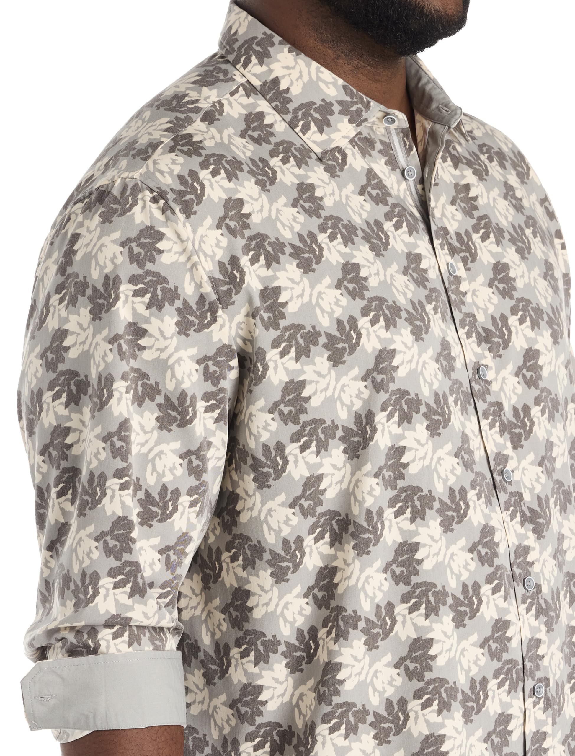 DXL Rolled-Sleeve Floral Print Sport Shirt Grey 2XLT - Image 3